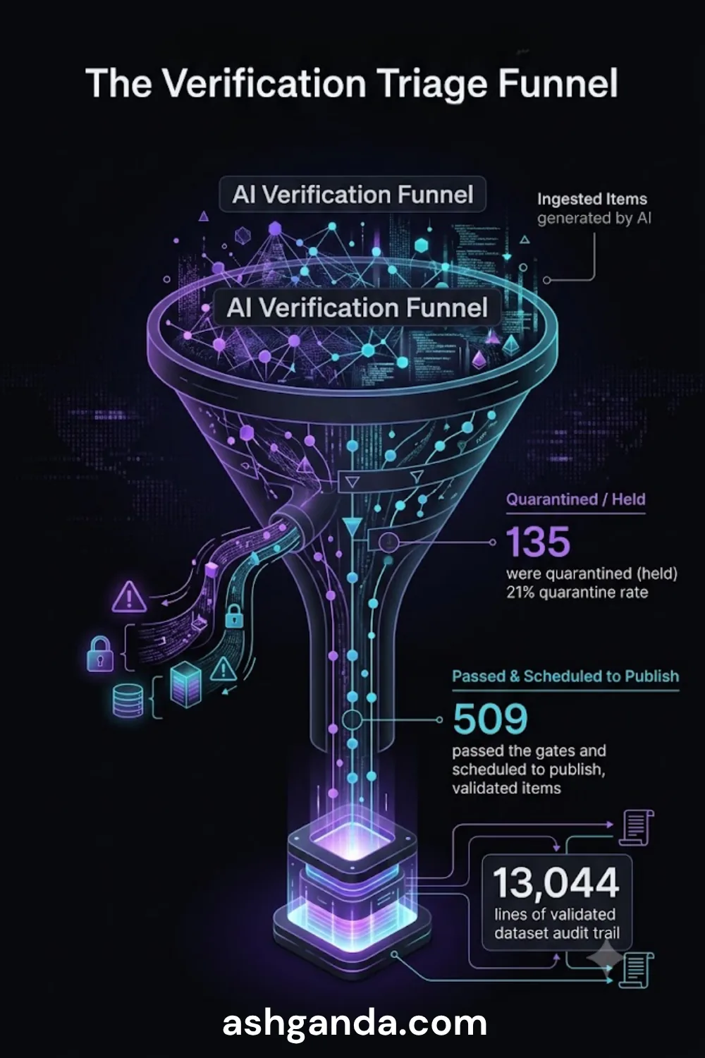 AI verification triage funnel — 644 items ingested, 509 passed and scheduled to publish, 135 quarantined (21% quarantine rate), 13,044 lines validated dataset audit trail