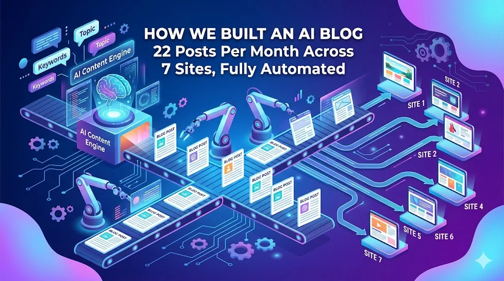 How We Built an AI Blog Factory — 22 posts per month across 7 sites, fully automated pipeline diagram showing AI Content Engine feeding blog posts to 7 branded websites