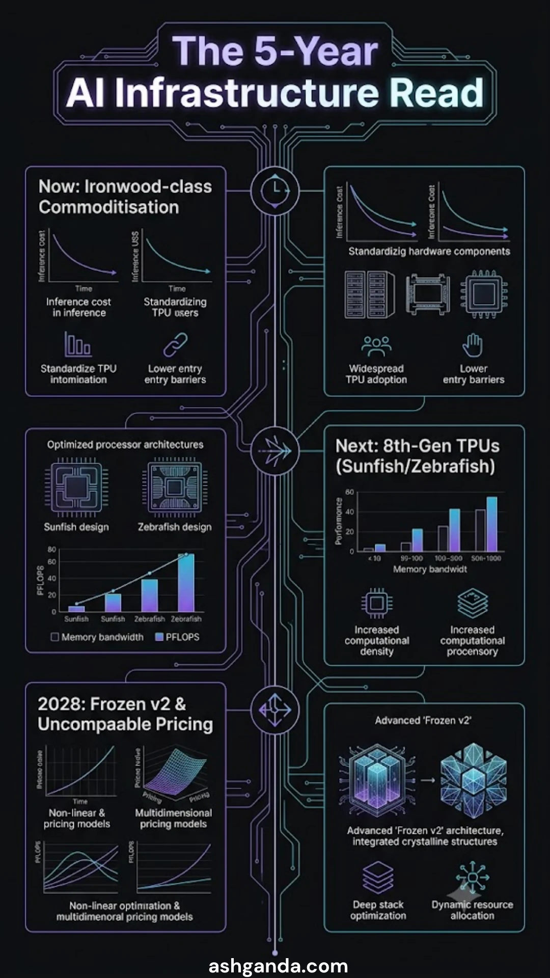 The five-year enterprise AI read: Ironwood commoditisation 2026-27, 8th-gen TPU (Sunfish/Zebrafish) shipping, Frozen v2 landing in 2028 — architect for portability, not vendor selection