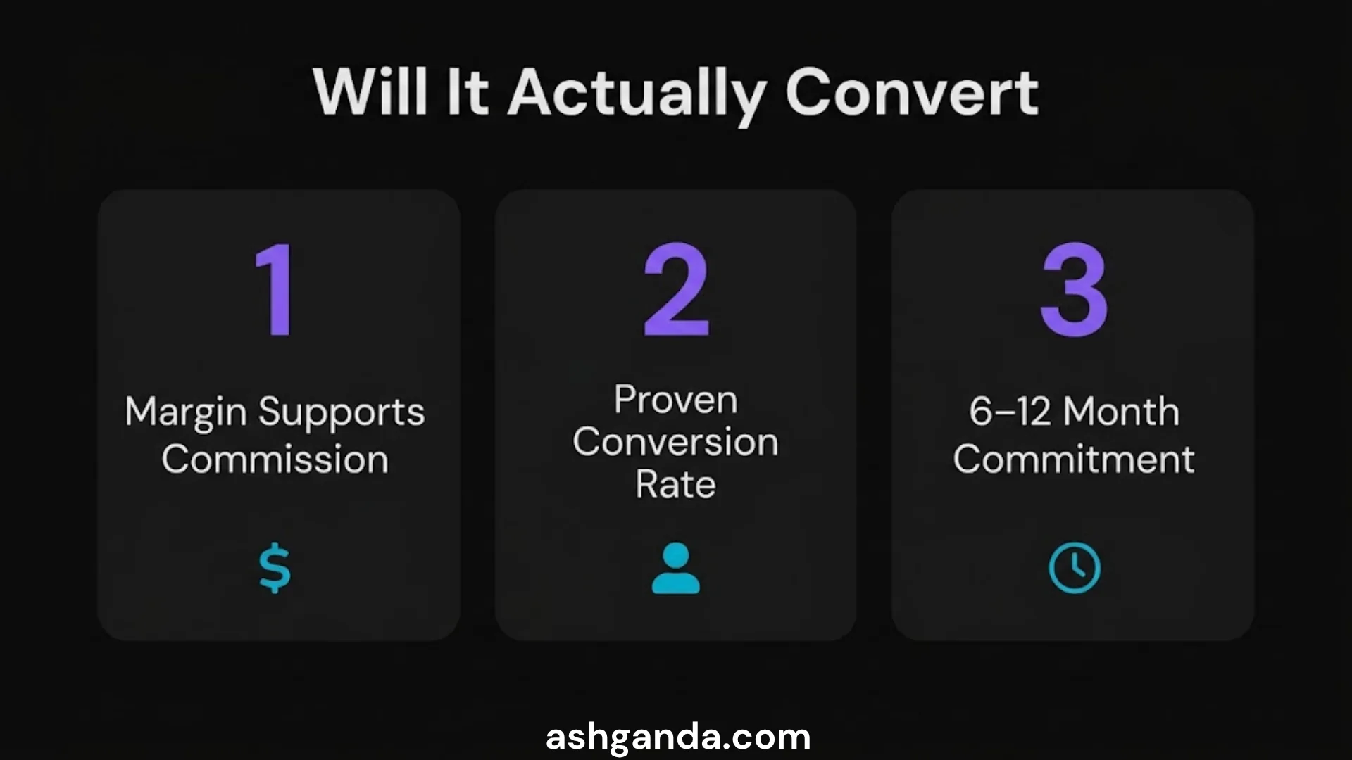 Three tests before joining: does margin support commission, is the conversion rate proven, can you commit six to twelve months.