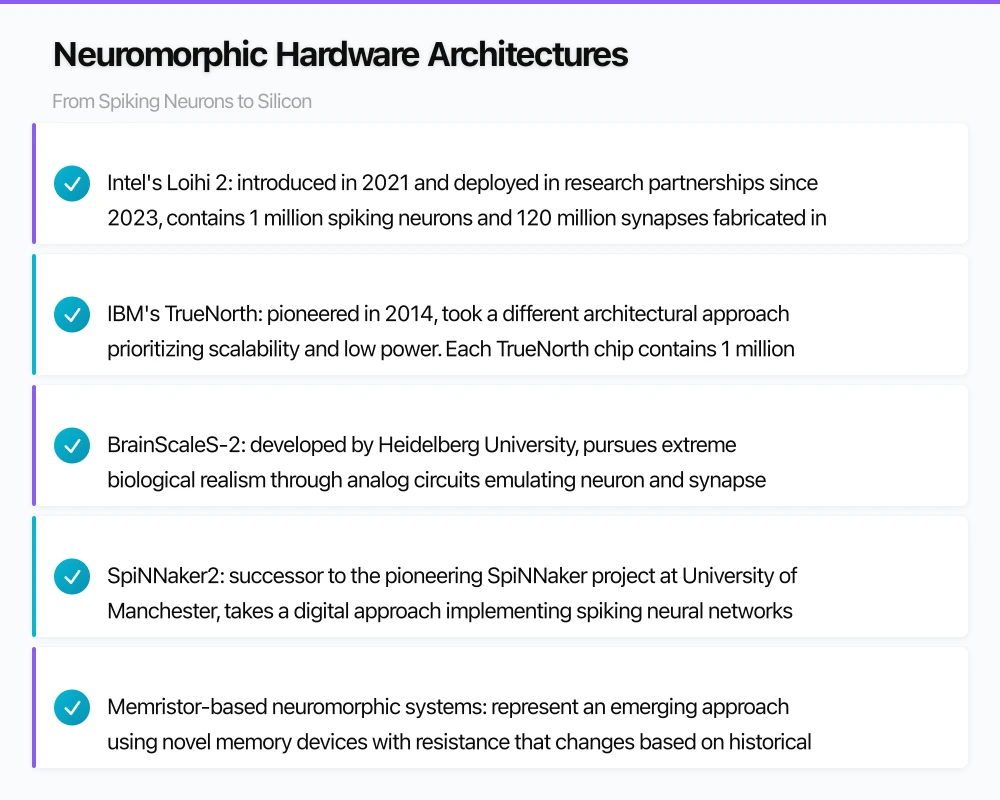 Neuromorphic Hardware Architectures: From Spiking Neurons to Silicon Infographic