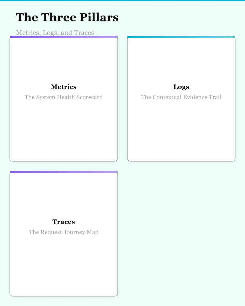 The Three Pillars: Metrics, Logs, and Traces Infographic