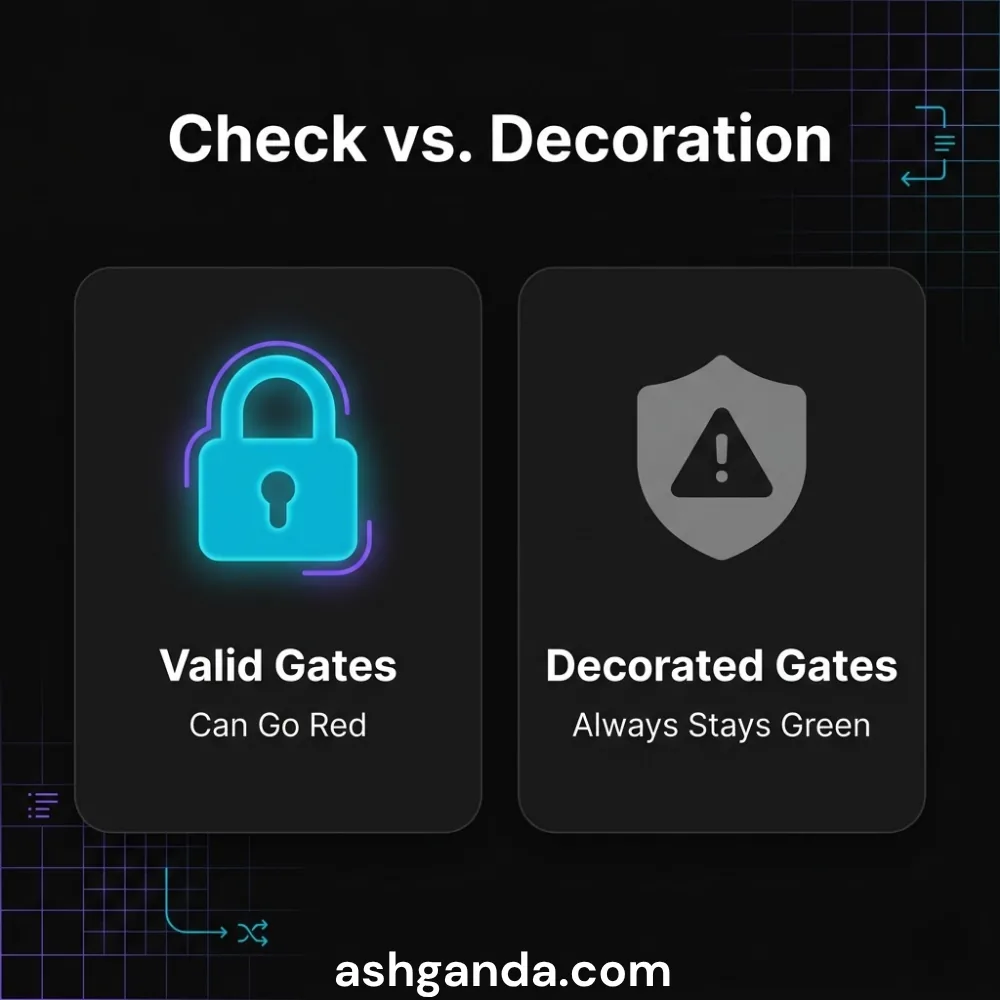 Two cards side by side: a valid gate, labelled “can go red”, next to a decorated gate labelled “always stays green”.
